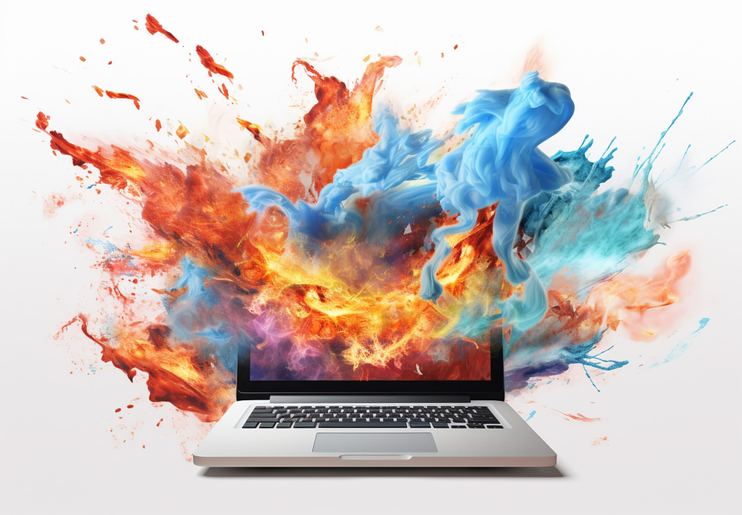 a computer showing a flame on a white background, in the style of hyperrealistic illustrations, colorful chaos, ceramic, ad posters, sculpted, dau al set, intense emotional atmosphere --ar 128:89 --v 5.2 Job ID: 9ed9a30f-1e04-4f57-962d-079b6bdfb9ab